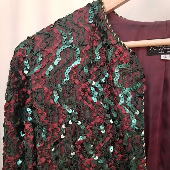 VTG Lacey Sequin Jacket Union Tag Sz L Red Green Retro Elegant MOB Festive Glam - Picture 6 of 11